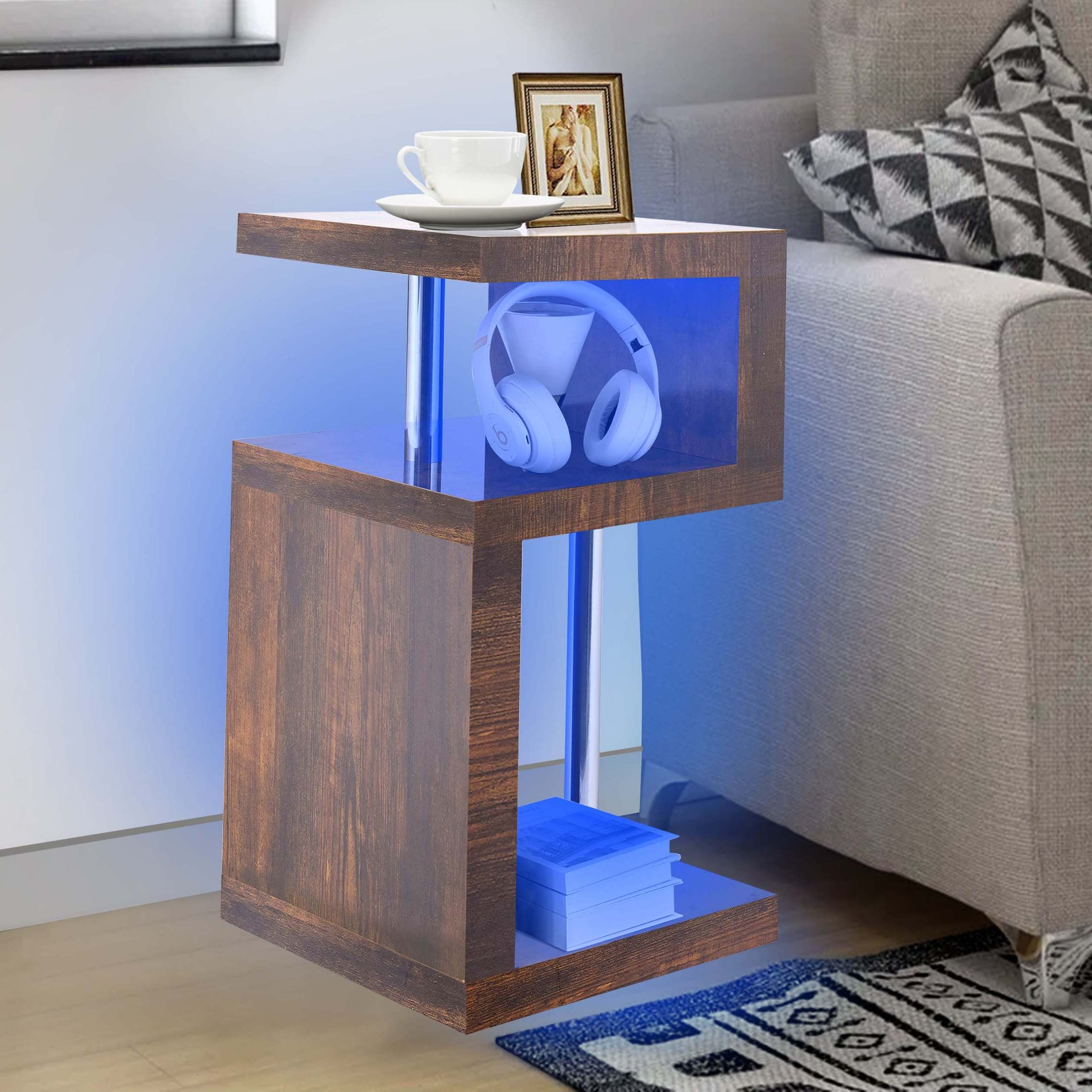 Led Side Table Small Coffee Table  High Gloss With Storage Shelves, S Shape  End Table With Led Lights