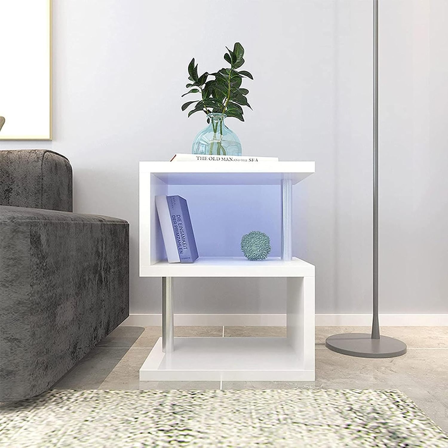 Modern Unique Nightstand White MDF S Shape Coffee Table With White LED Light Contemporary Living Room and Bedroom Furniture