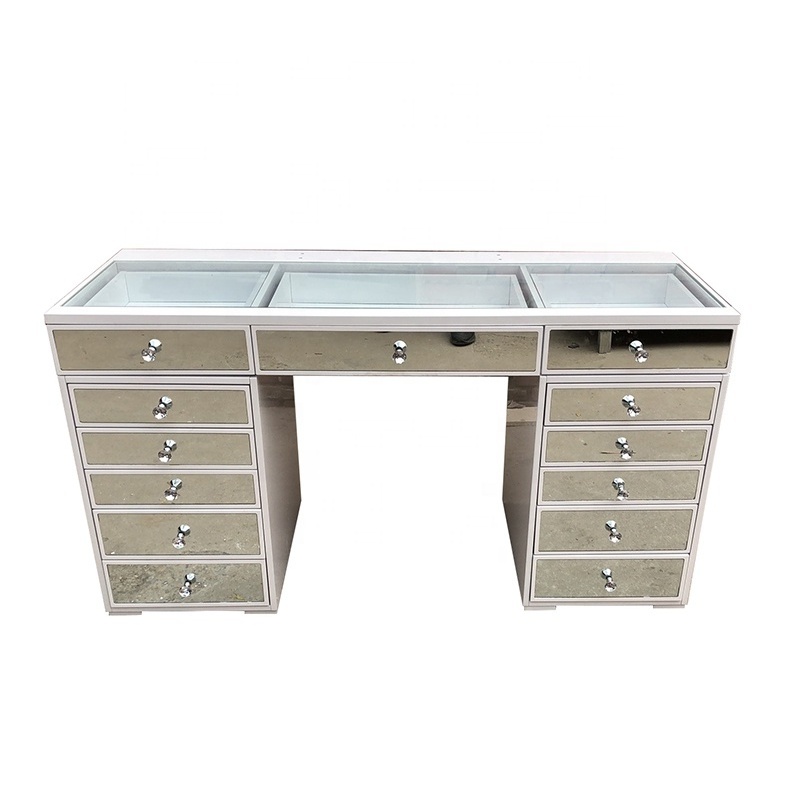 european simple white dressing table with 13 drawer clear glass top vanity table for bedroom