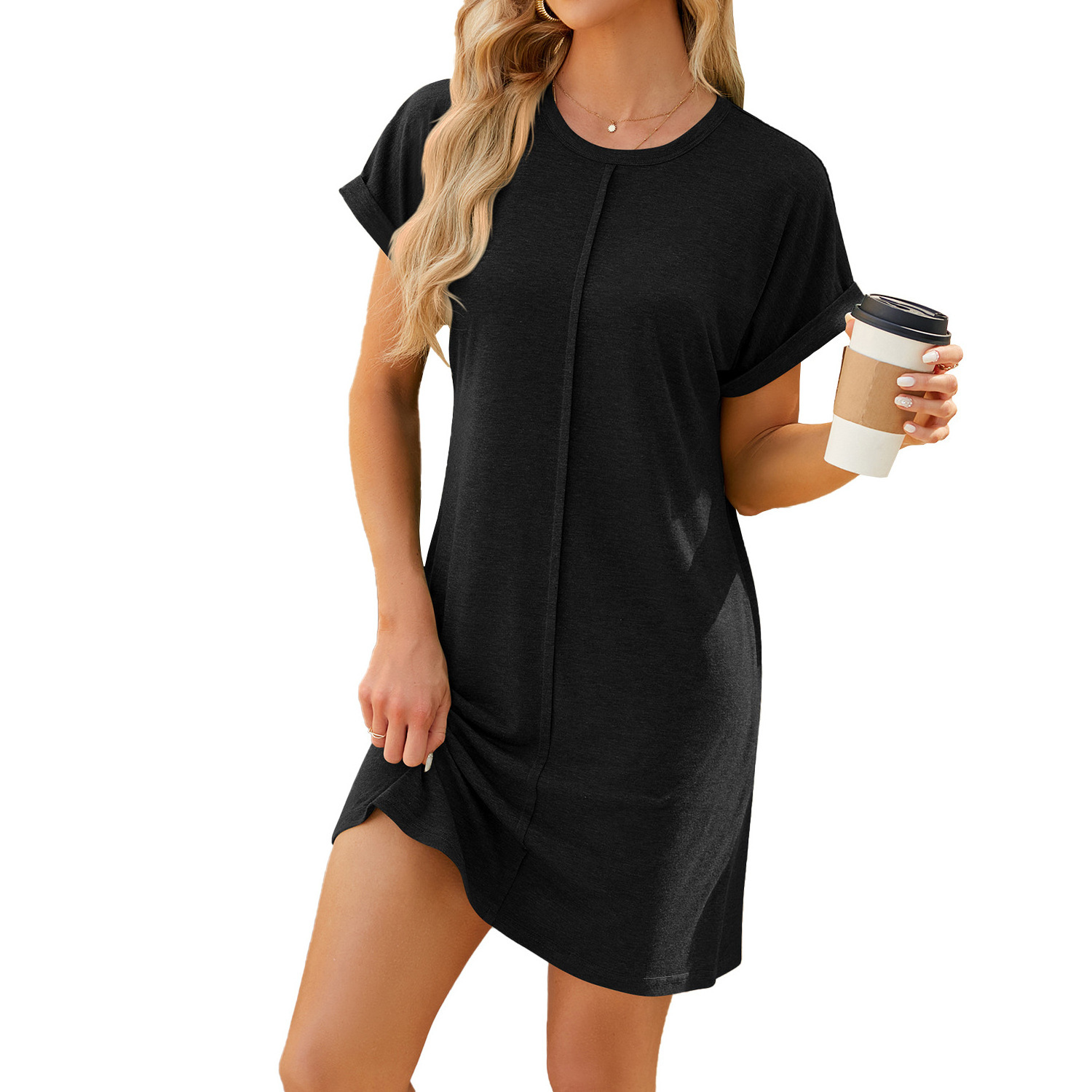 Short Sleeve Loose Casual Dress New Round Neck Solid Color 2024 Spring/summer Summer Dress Natural Simple 100% Polyester Knitted