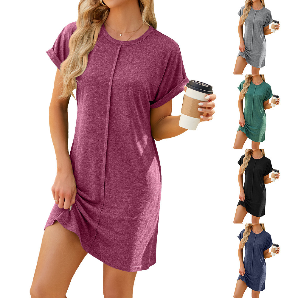 Short Sleeve Loose Casual Dress New Round Neck Solid Color 2024 Spring/summer Summer Dress Natural Simple 100% Polyester Knitted