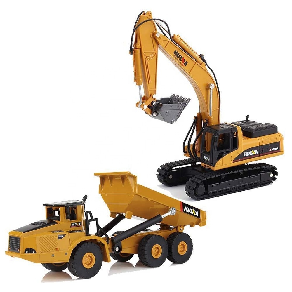 Hot Selling Huina 1611 Diecast Metal Construction Trucks Free Wheeler 1/50 Scale Alloy Excavator & Dump Truck Toy For Kids