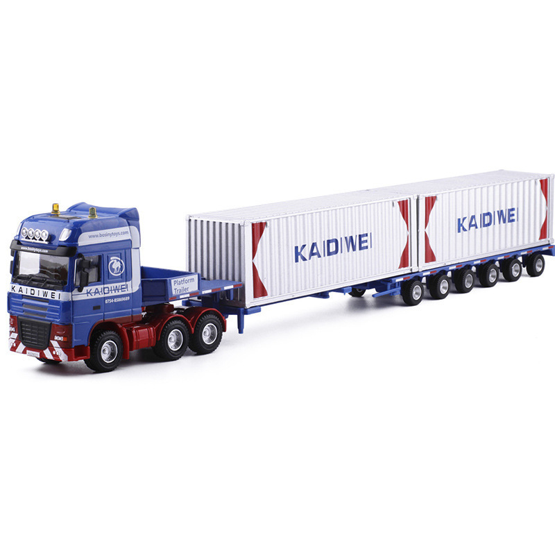 Container Heavy Telescopic Flatbed Transporter Truck Toys Diecast Metal Double Trailer Model Truck Alloy 1/50 Scale Plastic 1:50