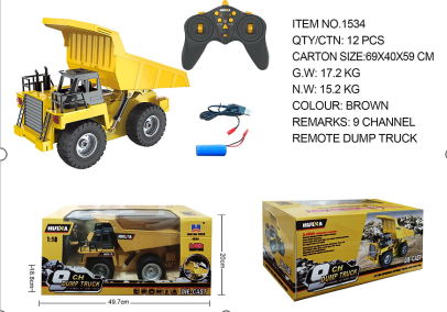 Huina 1534 1 18 Scale 2.4G Electric Plastic Alloy Metal Diecast 9CH Led Light Radio Control Off Road RC Rock Mining Dump Truck