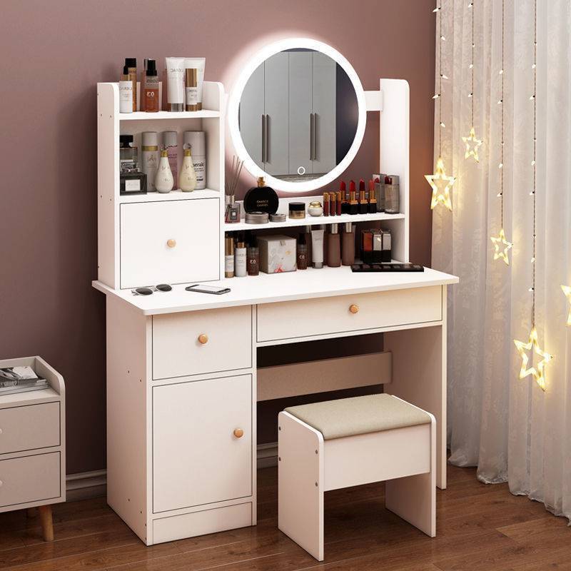 Makeup Vanity Dressing Table with Mirror, 5 Drawers & Shelves, Dresser Desk and Cushioned Stool Set (White)