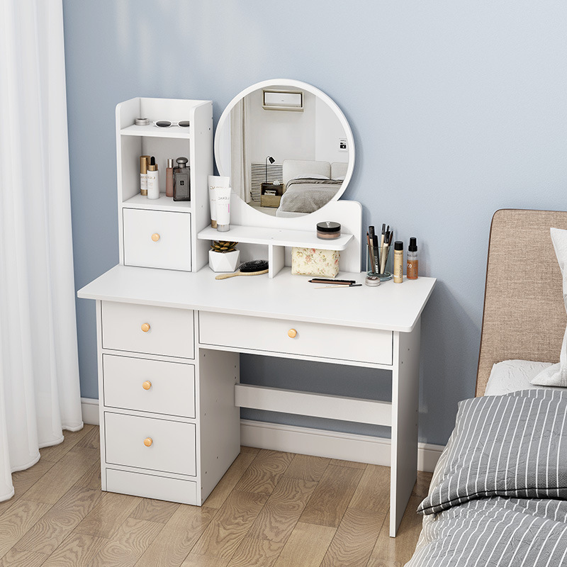 Makeup Vanity Dressing Table with Mirror, 5 Drawers & Shelves, Dresser Desk and Cushioned Stool Set (White)