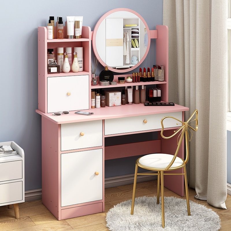 Makeup Vanity Dressing Table with Mirror, 5 Drawers & Shelves, Dresser Desk and Cushioned Stool Set (White)