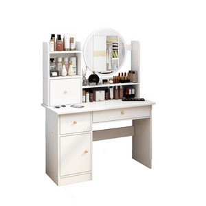 Makeup Vanity Dressing Table with Mirror, 5 Drawers & Shelves, Dresser Desk and Cushioned Stool Set (White)