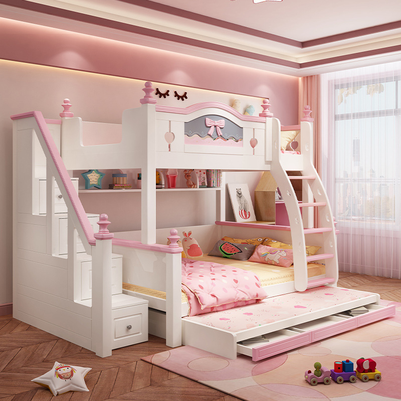 Bedroom furniture Girl Pink cartoon multifunctional children's bedroom storage solid wood bunk beds for kids