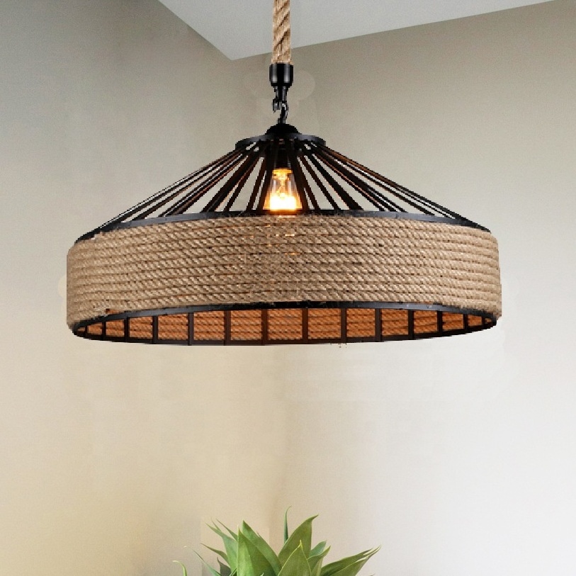 Pendant lamp Loft Retro Hemp Rope vintage Iron E27 Black cage light fixtures