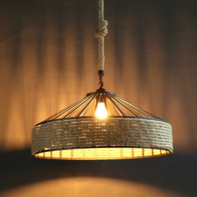 Pendant lamp Loft Retro Hemp Rope vintage Iron E27 Black cage light fixtures