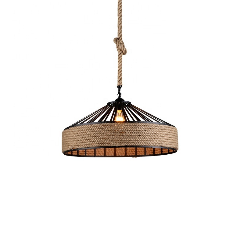 Pendant lamp Loft Retro Hemp Rope vintage Iron E27 Black cage light fixtures