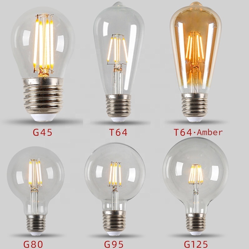 2w 4w 6w 8w led vintage edison filament glass light bulb ST64, ST58, A60/A19, T45, G80, G95, G125, C35, T30 bulb