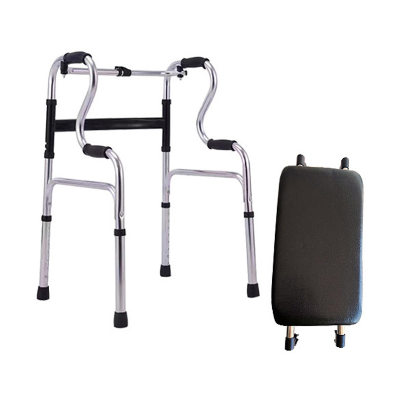 Orthopedic Adjustable Stand Up Walker Aids Outdoor Double Bend Folding Adult Aid Mobility Frame Steel Rollator Walker with Seat