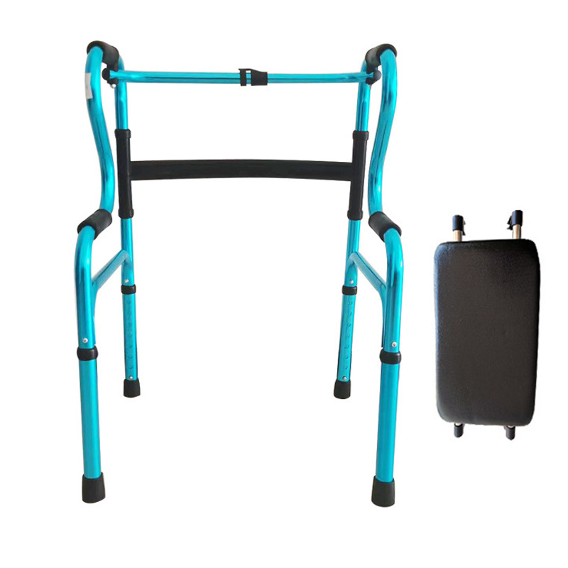 Orthopedic Adjustable Stand Up Walker Aids Outdoor Double Bend Folding Adult Aid Mobility Frame Steel Rollator Walker with Seat