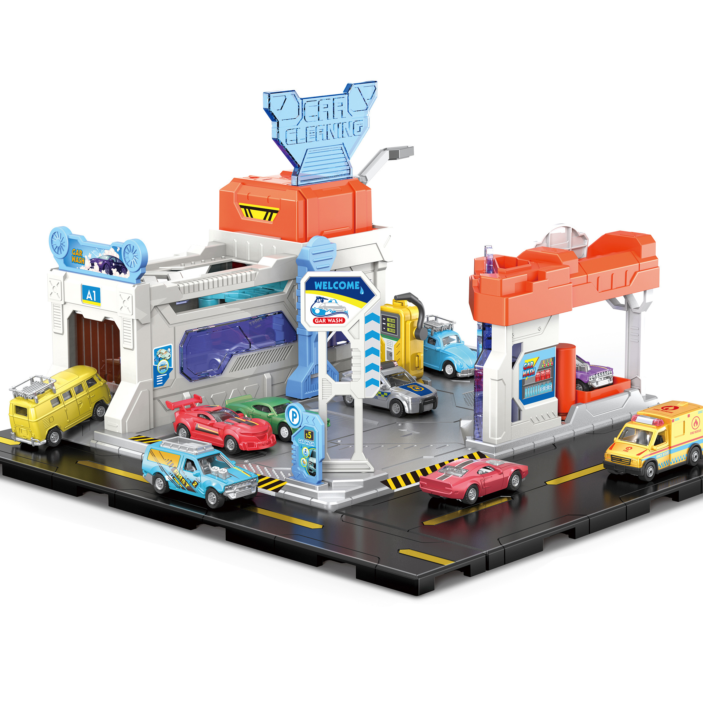 New Product Kids Diy Parking Garage Lot Toy Set Parking Lot Car Washing Station Toys With 2 Sliding Alloy Cars