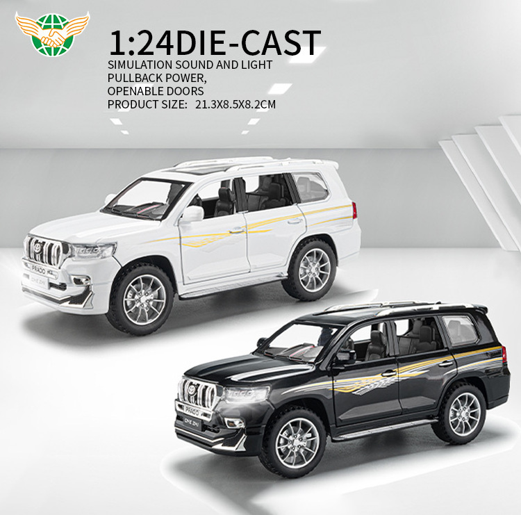 Diecast Car 1/24 Model Car Toy 1/24 Scale Pull Back Prado Car with Sound Light 6 Doors Openable Window Box for Kids Party Gift