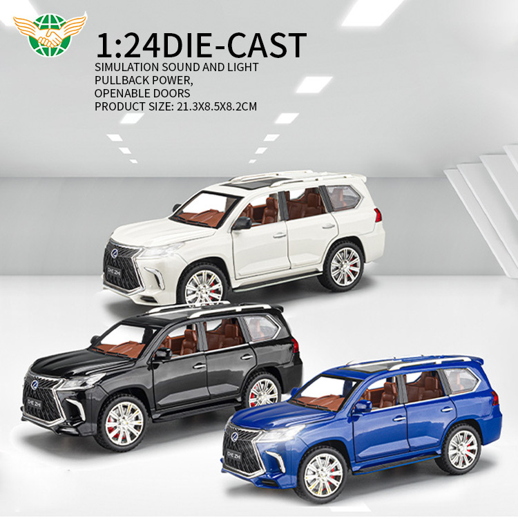 Diecast Car 1/24 Model Car Toy 1/24 Scale Pull Back Lexus LX570 with Sound Light 6 Doors Openable Window Box for Kids