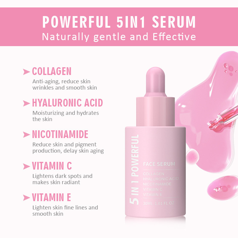 5 IN 1 Private Label Brightening Hyaluronic Acid Vitamin C E Instant Lift Anti Aging Peptide Collagen Facial Serum For Skin Care