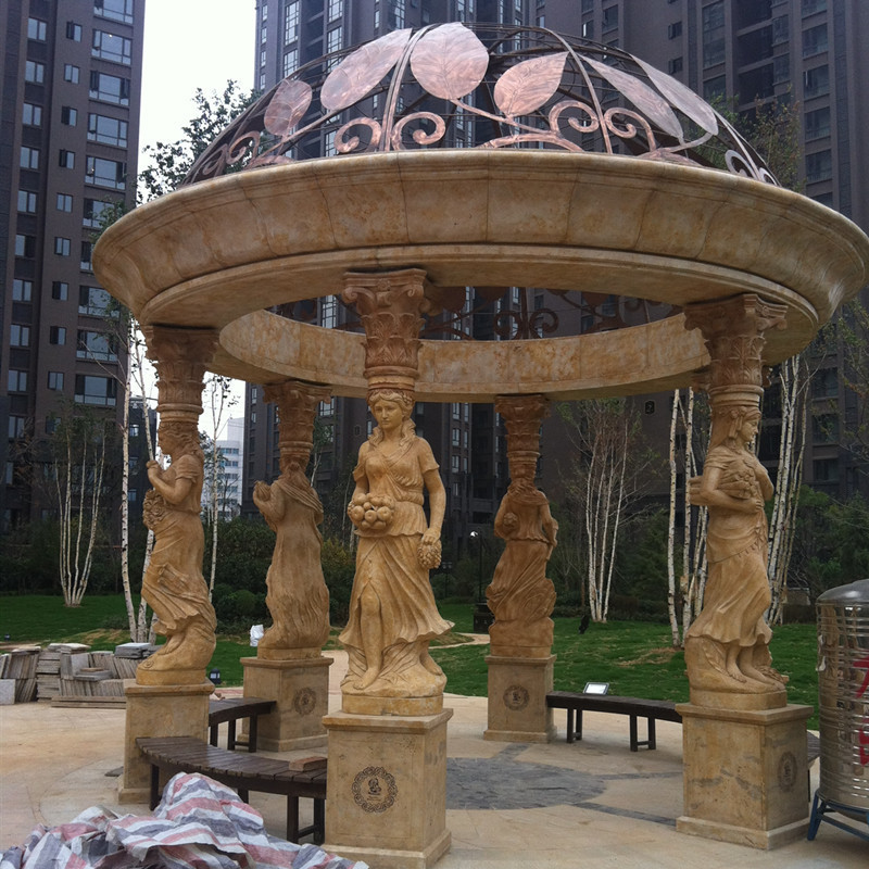 Outdoor Hand Carved Natural Stone Column Gazebo with Metal Roof Round White Garden Marble Gazebo