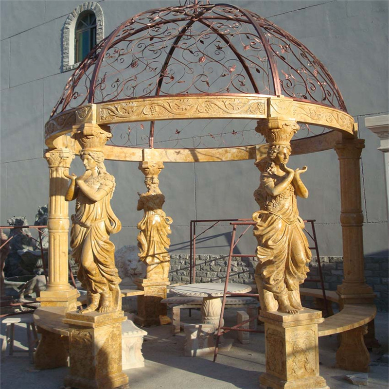 Outdoor Hand Carved Natural Stone Column Gazebo with Metal Roof Round White Garden Marble Gazebo