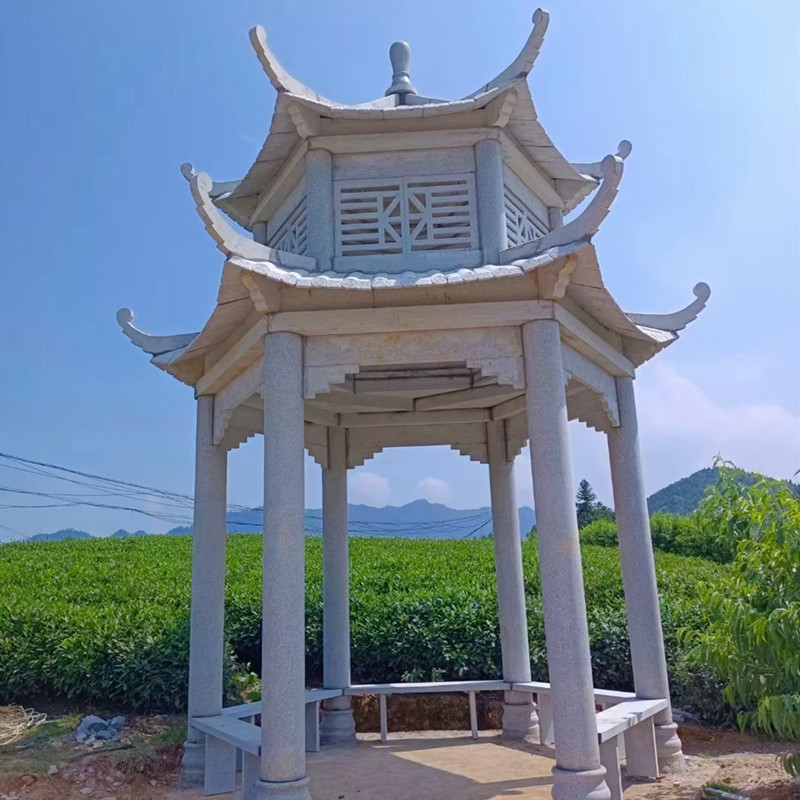 Outdoor Hand Carved Natural Stone Column Gazebo with Metal Roof Round White Garden Marble Gazebo