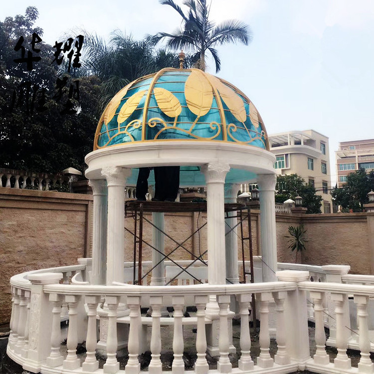 Outdoor Hand Carved Natural Stone Column Gazebo with Metal Roof Round White Garden Marble Gazebo