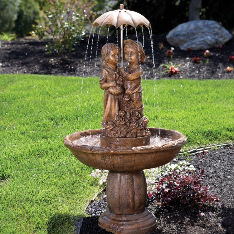 Custom Metal Bronze Kids Boy and Girl Copper Fountain Sculpture Umbrella Bronze Sculpture Fountain