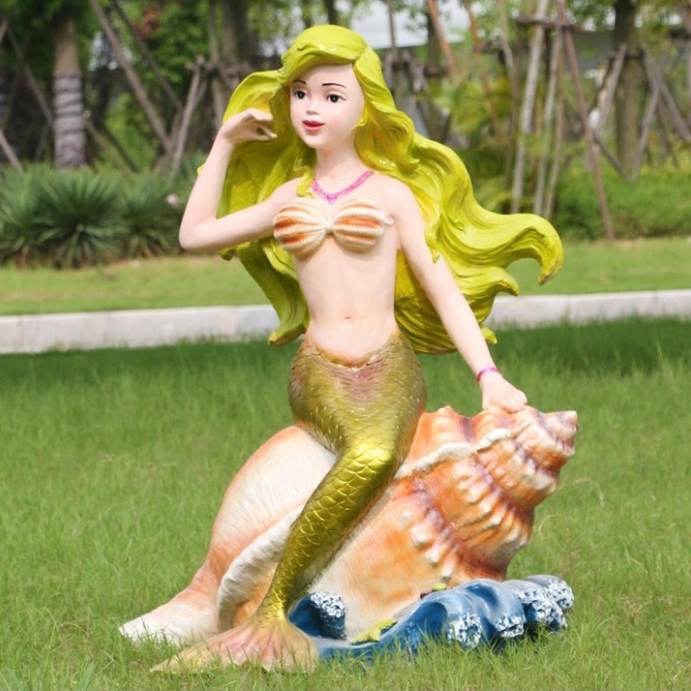 Customized Outdoor Life Size Resin Sculpture Mermaid Statue Sitting in Shell