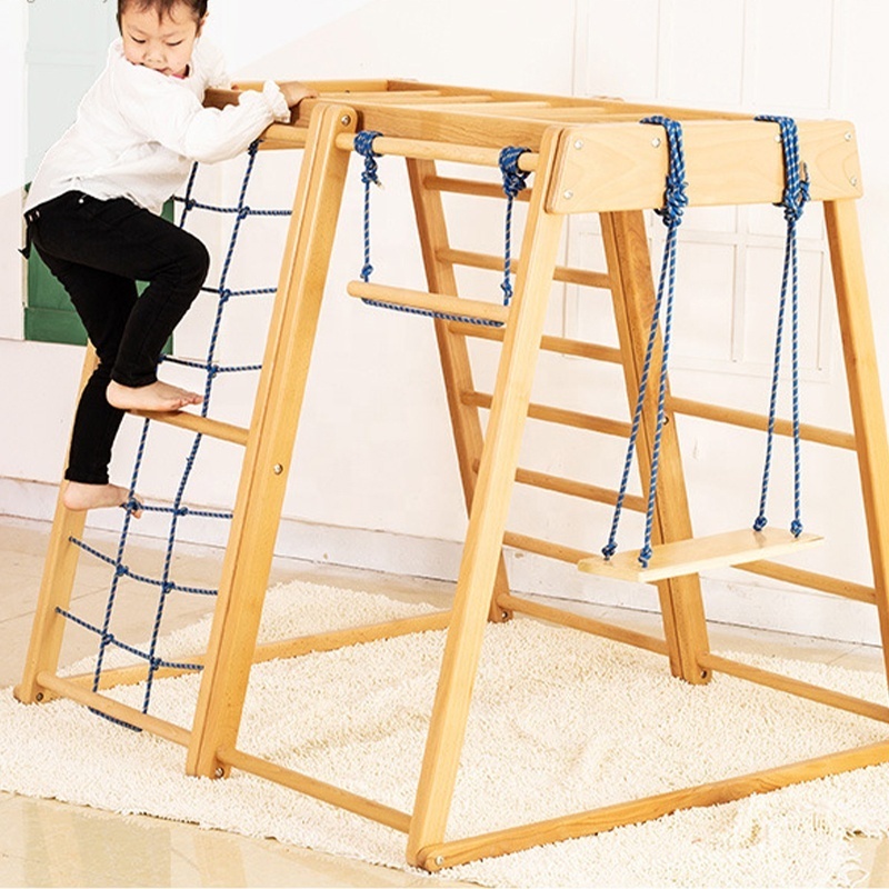 Child Indoor Gym Playground Climber Real Wooden Play set Slide Rock Climb Wall Rope Wall Climbing Swing Ladder Fun Gym