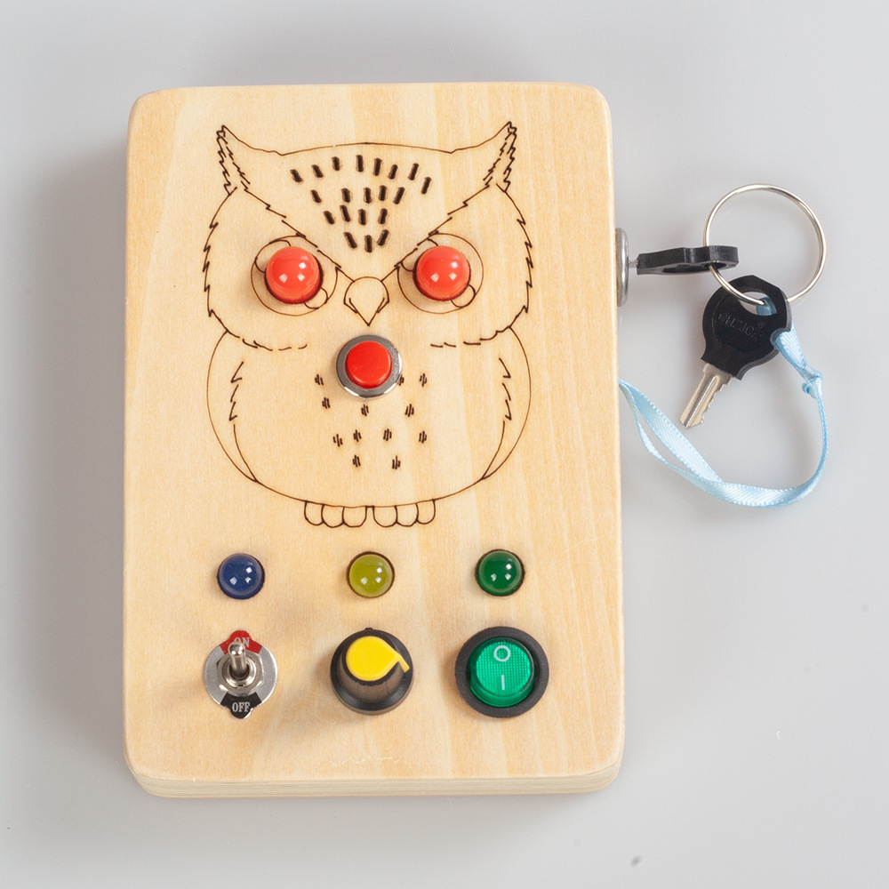 Montessori Wooden Sensory Busy Board Light Switch animal owl Busy Board Toys with Buttons to Push for Toddlers