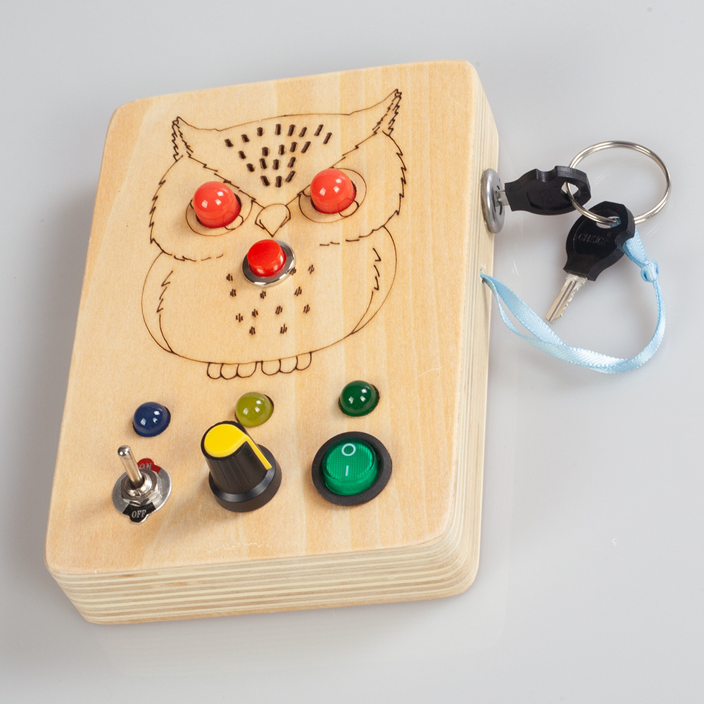 Montessori Wooden Sensory Busy Board Light Switch animal owl Busy Board Toys with Buttons to Push for Toddlers