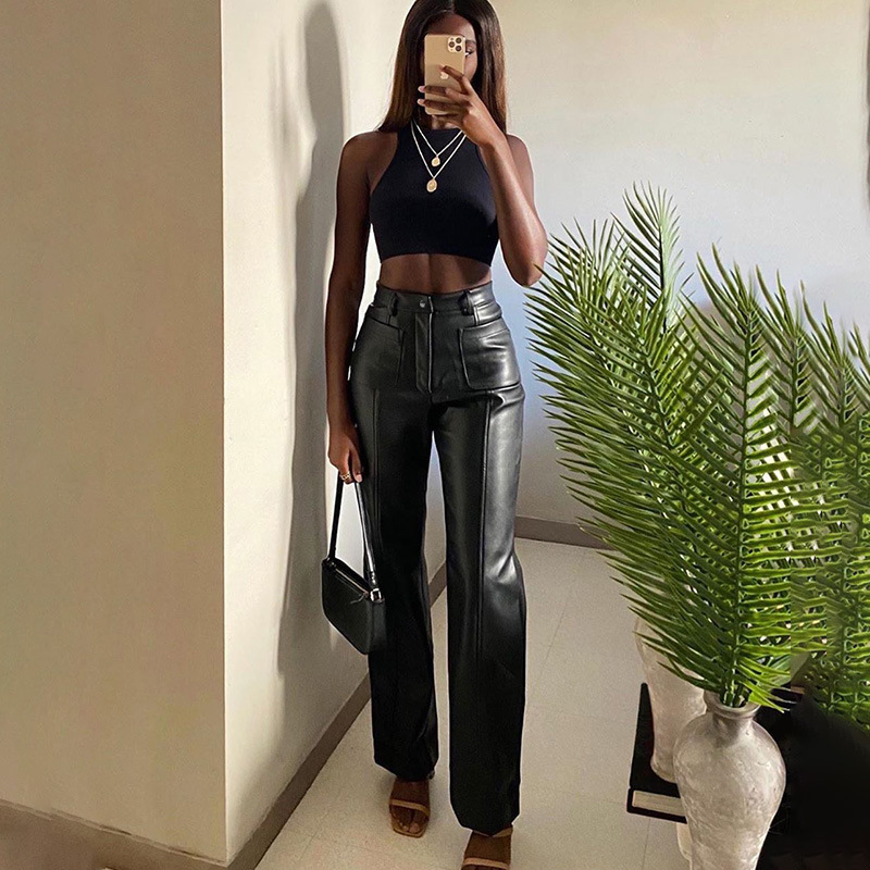 2023 Fashion Designer Style Women Pu Long Pants Double Pockets Sexy Straight Slim Pants Trousers Solid Elegant Clothes For Lady