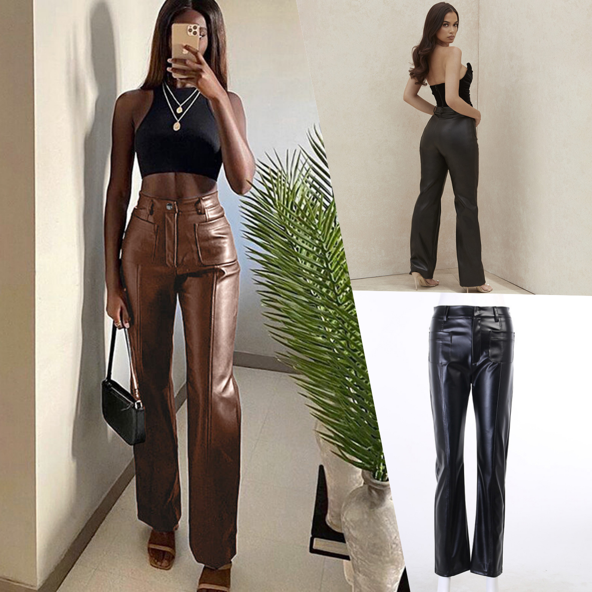 2023 Fashion Designer Style Women Pu Long Pants Double Pockets Sexy Straight Slim Pants Trousers Solid Elegant Clothes For Lady