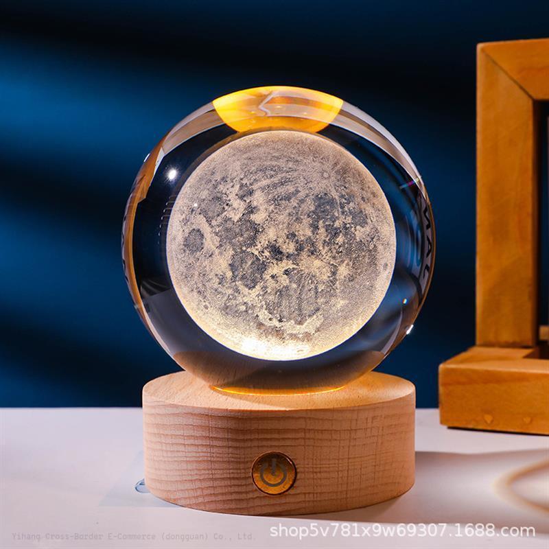 Luminous 3d carved crystal ball nightlight solid wood base artistic decoration couple students birthday creative gift