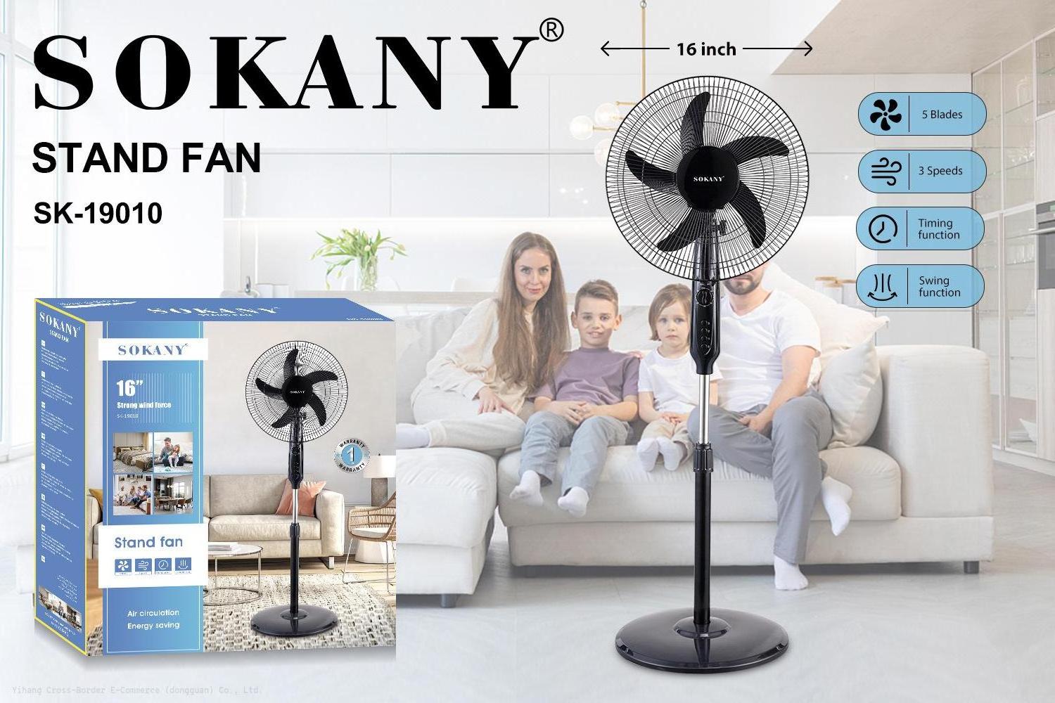 Hot Sale SOKANY19010 Home standing floor fan shaking head timing electric STAND FAN