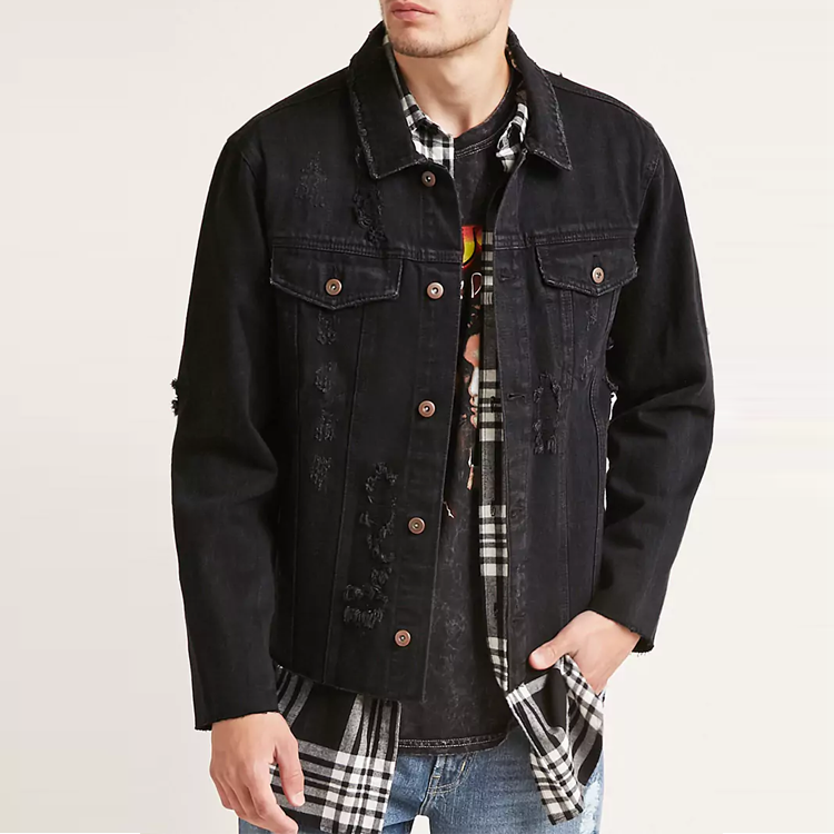 Oem bulk wholesale clothing new model distressed jean bomber cotton black mens denim jacket