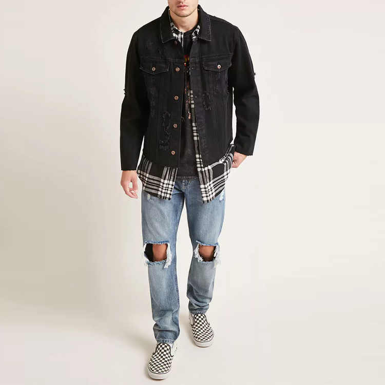 Oem bulk wholesale clothing new model distressed jean bomber cotton black mens denim jacket