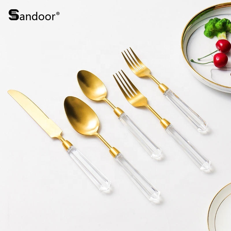 Stainless Steel Cutlery Set Acrylic Handle Flatware 5pcs Knife Fork and Spoon for Restaurant Hotel and Family