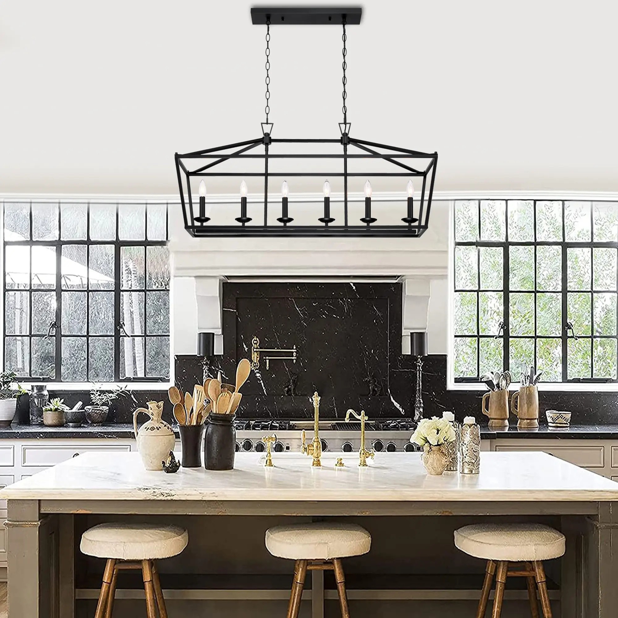 Modern Black Golden Industrial Kitchen Island Lighting HangingLamp Linear Ceiling Pendant Chandelier Light for Kitchen Dinning