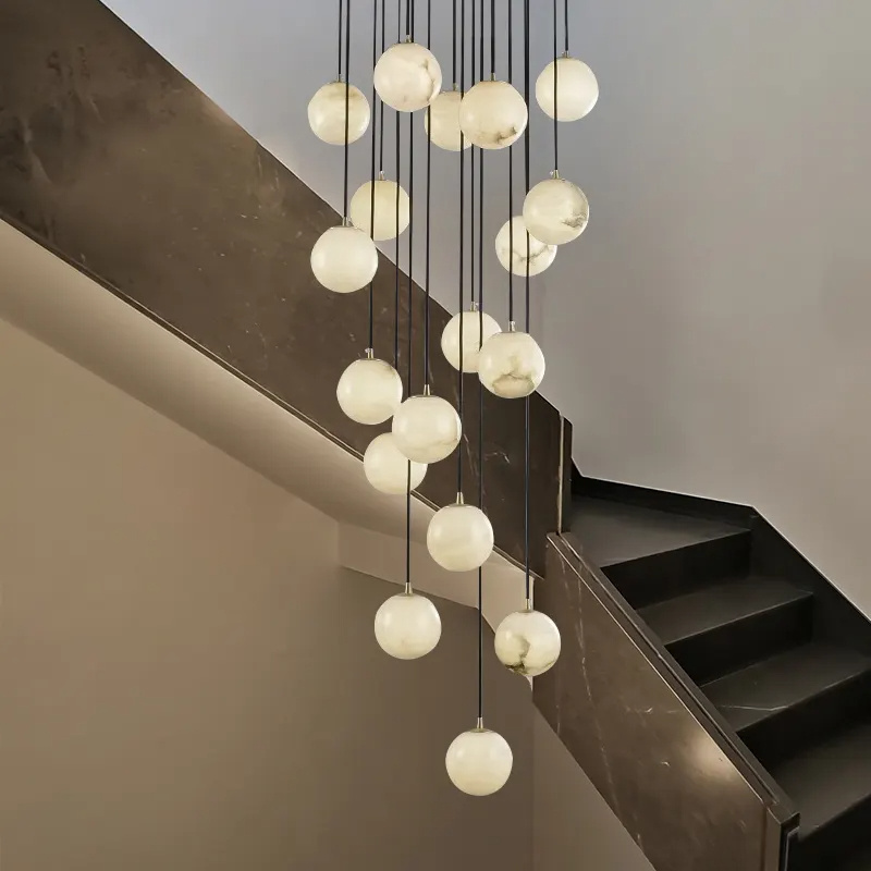 Custom Staircase Foyer Loft Pendant Light Lamp Luxury Nordic Simple Brass Marble Drop Lights Linear Ball Chandelier