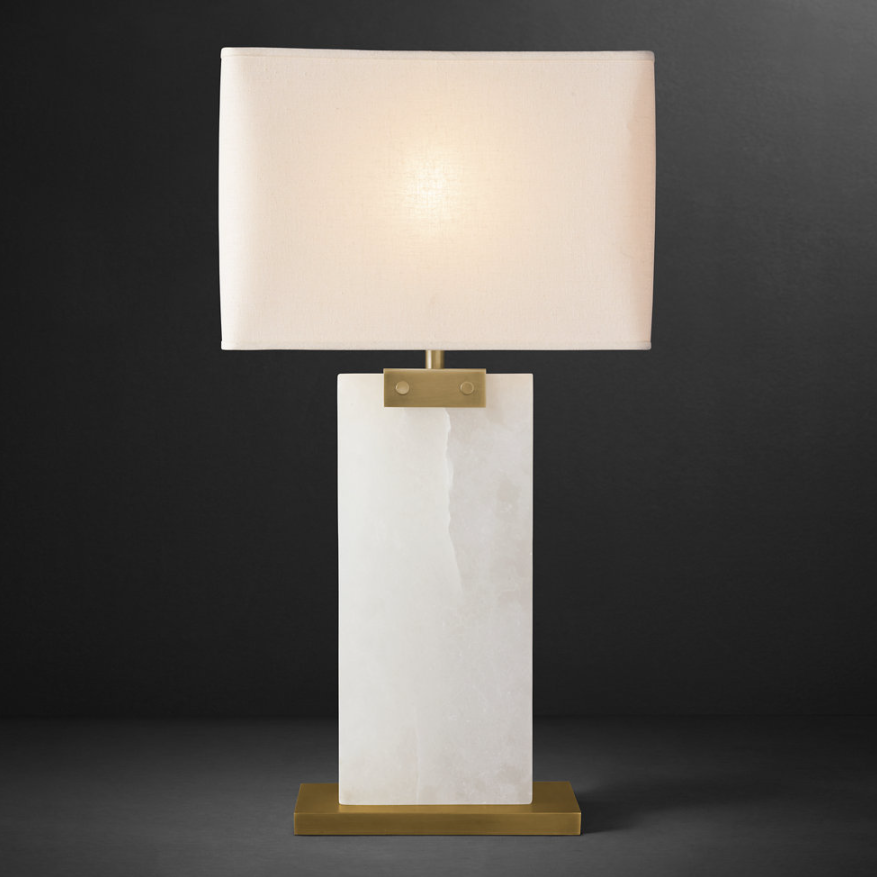 Unique Home Decor Modern Luxury Marble Desk Light Indoor Bedside Square Fabric Shade Alabaster Crystal Clip Table Lamp