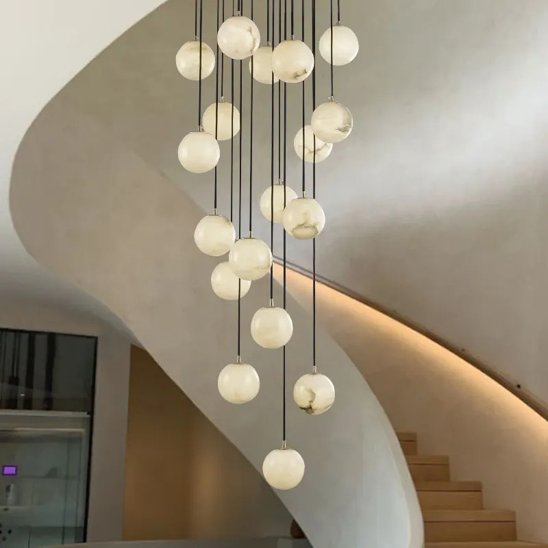 Custom Staircase Foyer Loft Pendant Light Lamp Luxury Nordic Simple Brass Marble Drop Lights Linear Ball Chandelier