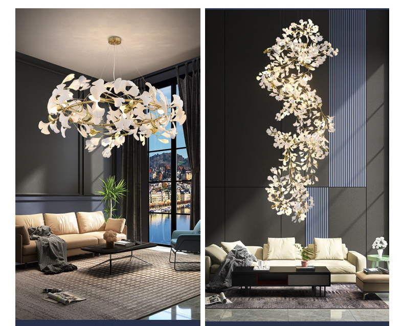 custom brass leaf chandelier long hanging pendant lights nordic creative ceramic gold ginkgo leaf luxury chandelier