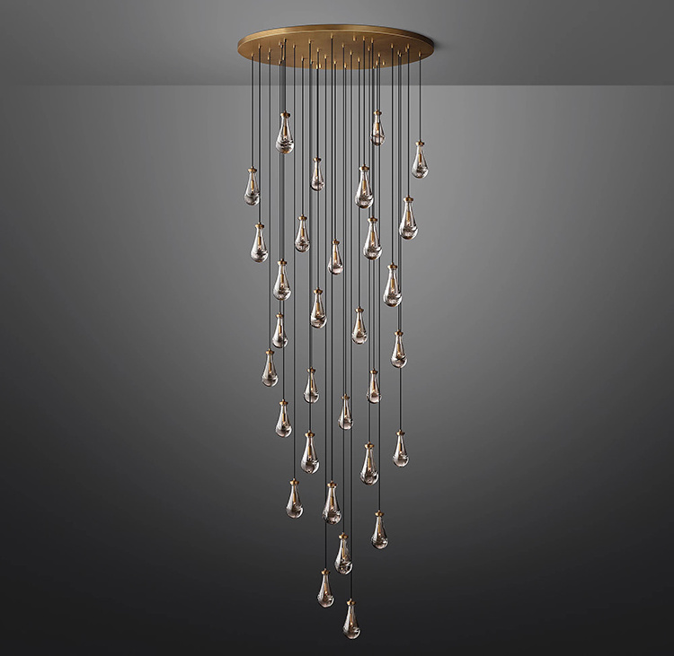 Custom  Minimalist Glass Raindrop Brass Black Stairwell Living room Pendant Lamp Staircase Light Modern Chandelier