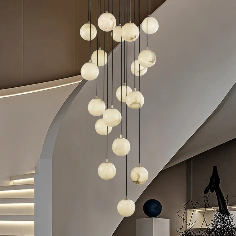 Custom Staircase Foyer Loft Pendant Light Lamp Luxury Nordic Simple Brass Marble Drop Lights Linear Ball Chandelier