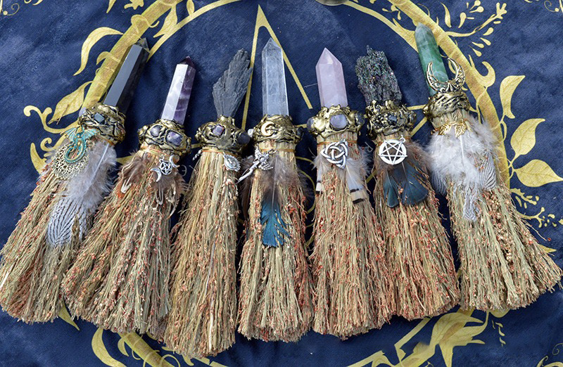 Wholesale BIG size handmade witch broom for  Wiccan Ritual Broom feather Crystal wand Healing Witch Broom