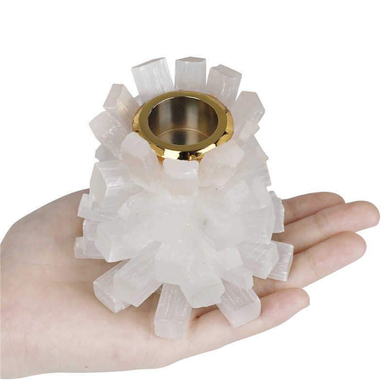 Hot selling natural crystal craft natural white selenite plate candle holder for home decoration