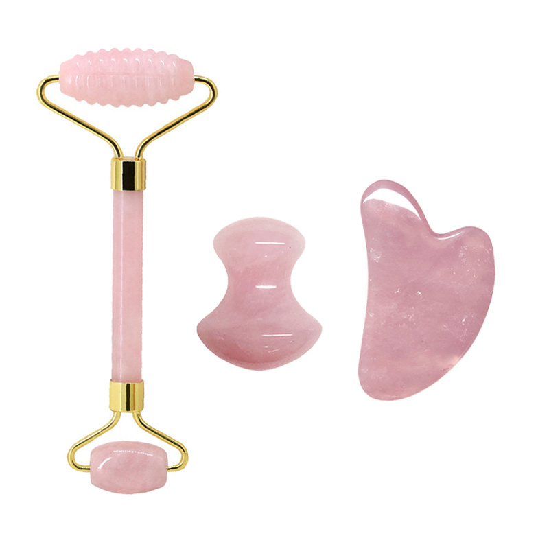 Natural Rose Quartz Jade Roller Set Real Jade Scraper  Gua Sha Board  Face Massage Roller