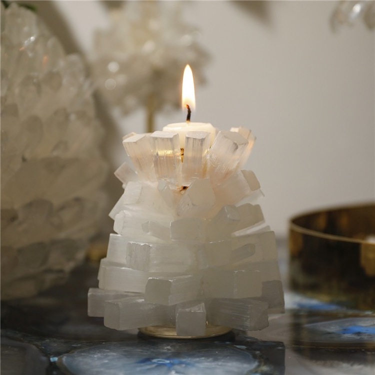 Hot selling natural crystal craft natural white selenite plate candle holder for home decoration